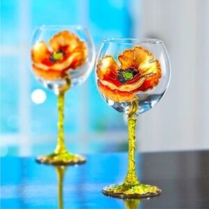 NEW Uno Alla Volta Wine Goblet Glass Poppy Style Artist Hand Painted in Italy